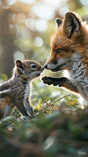 The moment a baby squirrel befriended a fox 🦊🐿️