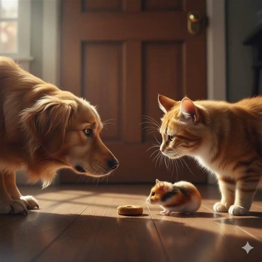 Dogs, cats, and golden hamsters—let's see who gets to eat first!