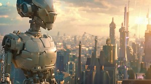 A futuristic robot standing in front of a city skyline, showcasing the blend of technology and urban life, A cityscape dominated by advanced robotics and automation