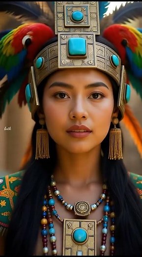 A young Aztec woman in ceremonial attire stands in an ancient temple ruin during golden hour.