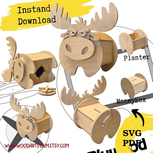 2 Woodworking Plans | Money Box and Planter | Scroll Saw Pattern – Easy Moose Design 2 Patterns ( Money Bank and Box ) - Etsy