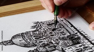 The process of drawing a sketch of an old church with pen and ink in a sketchbook