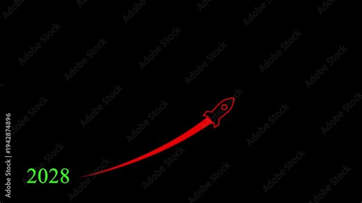 Animated numbers transitioning from 2028 to 2029 with a flying rocket on transparent background. Symbolizes future progress, new year startup goals, business plans. motion graphic 4k video animation..