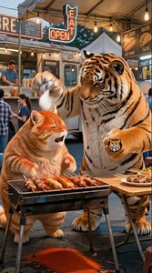 Let Him Cook! Tiger Pranks Orange Cat While Grilling BBQ!