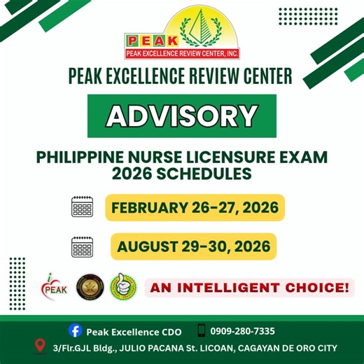 📢 Attention Future RNs! The PRC has officially released the schedule for the 2026 Nurse Licensure Exam! 🇵🇭 Mark your calendars: 🗓 February 26-27, 2026 🗓 August 29-30, 2026 https://www.prc.gov.ph/article/schedule-licensure-examinations-year-2026 #AnIntelligentChoice #BiggerBolderStronger #TatakPeaker #TatakTopnotcher #PNLE2026 | Peak Excellence Cdo