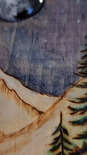 Mixed media using pyrography, watercolors, and a bezel-set glass cabochon full Moon #art #woodburning #nature #drawing #pyrography #painting #watercolor #mountains #landscape #mountainscape #fullmoon #moon #magic #mixedmedia #dremel #craft #witchesofinstagram #witchyart | Rustic Roots Design | Facebook