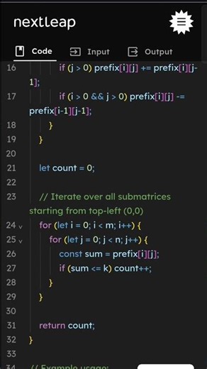 Count Submatrices with Sum ≤ k | JavaScript Prefix Sum Tutorial | Matrix Algorithm Problem