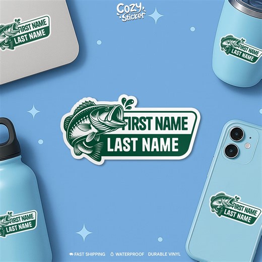 Custom Fishing Name Transparent Sticker, Personalized First and Last Name Bass Fish Fisher Men Waterproof Sticker for Laptop Water Bottle - Etsy