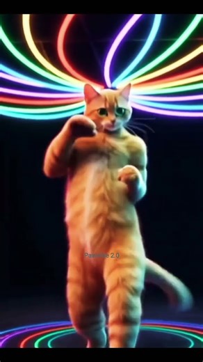 Golden Cat Performing Hip-Hop Popping Under Rainbow Neon Lights