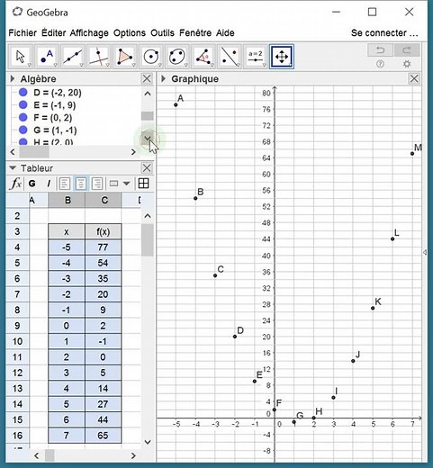Placer un série de points sur GeoGebra à partir d'un tableau de valeurs