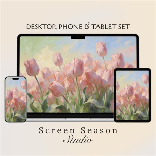 Pink Tulips Wallpaper Bundle | Spring Floral Oil Painting | Pastel Aesthetic Background | Desktop iPad iPhone Screensaver - Etsy