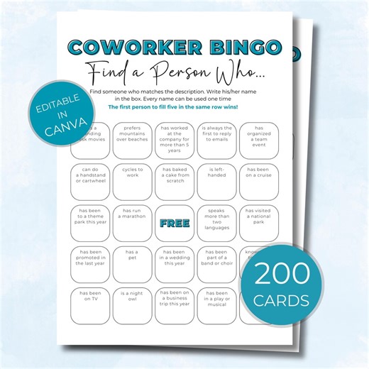Coworker Bingo, 200 Cards, Printable Team Building Game, Office Icebreaker Activity, Fun Editable Employee Engagement Bingo, Work Party Game
