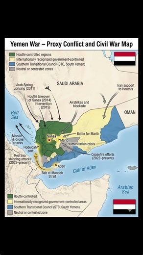 Yemen war map: Houthi, government, STC zones & proxy conflict overview.🇾🇪🗿🔥