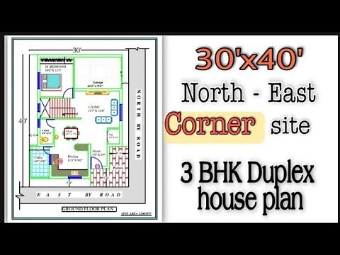 30'x40' North-East Corner site, 1200sft || 3 BHK DUPLEX house plan with Garage and balcony ||
