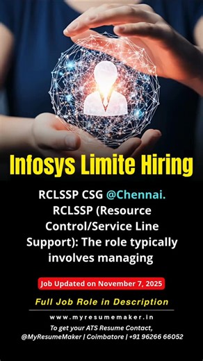 Your next big career move is here! Infosys is hiring an RCLSSP CSG professional in Chennai. Take charge of resource planning and service line operations for a global IT leader. Apply today to shape the future of tech delivery! Company : "Infosys Limited (MNC, IT Sector)" Position : RCLSSP CSG Location : "Chennai, Tamil Nadu, India" Date Listed : "November 7, 2025 (Posted 10 hours ago)" Description : "RCLSSP (Resource Control/Service Line Support): The role typically involves managing resource al