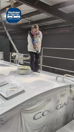 12K views · 112 reactions | ✨ Spraying this Cougar travel trailer with a FlexArmor Lifetime No-Leak Roof! Today was spray day — all the prep was already done, and now this RV is getting the permanent, maintenance-free upgrade it deserves.  No more caulking. No more yearly roof worries. Just a lifetime, transferable, nationwide-backed warranty and peace of mind for every adventure. ️ #RVRoof #FlexArmor #NoLeakRoof #RVLife #CougarTrailer #RVRepair | Flexarmor | Facebook