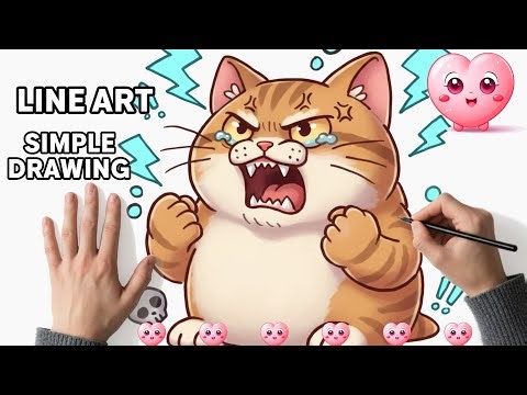 Drawing an Angry Cute Cat | Clean Line Art & Finished Colored Illustration