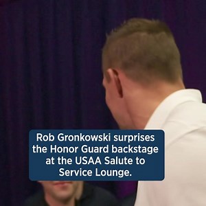 100K views · 524 reactions | We were honored to be visited by the Joint Armed Forces Color Guard in the USAA #SaluteToService lounge, where Rob Gronkowski made sure each member received a commemorative challenge coin. The Color Guard presents our nation’s flag at #SBLVIII on Sunday. | USAA | Facebook