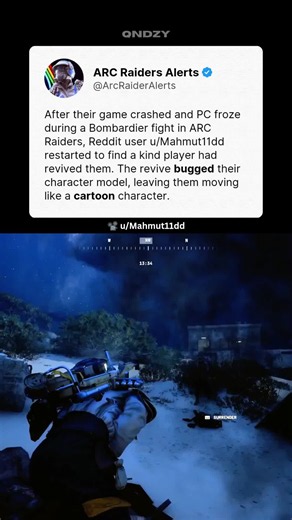 Reddit user u/Mahmut11dd's game crashed and PC froze while fighting a Bombardier in ARC Raiders. After restarting his PC, he returned to find that a kind Raider had revived him. However, the revive ended up bugging his character model, making it move like a cartoon character. #ARCRaiders #Extraction #ExtractionShooter #Gaming #PvP