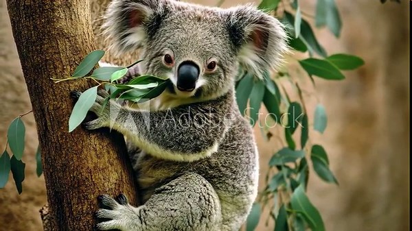 Koala bear climbs tree branch to munch on fresh eucalyptus leaves in a natural habitat, Koala Bear climbs on tree branch and eats eucalyptus leaves