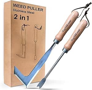 Weed Puller Tool- Pack of 2 Gardening Hand Weeder Tools, Crevice Knife L-Shaped Blade & Fish Tail Dandelion Remover. Manual Crack Weeder for Lawn, Sidewalk (Stainless Steel Weeders)
