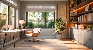 Interior design ideas for a modern study room with natural light. Concept Minimalist Decor, Wooden Furniture, Plants and Greenery, Cozy Reading Nook, Functional Desk Space