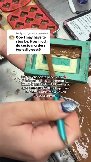 Replying to @(^_−)−☆ Custom chocolates are one of our favorite things to make 😍🍫 Prices vary depending on what you’re looking for, from a simple picture on a truffle to a completely custom mold! 💫 For the most accurate quote, send us an email at chocolate@thetrufflecottage.com and Mama Truffle will take care of you 💌 . . . . . #nerdytruffles #customchocolates #utahcounty #pleasantgrove