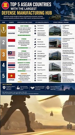 ASEAN countries by the overall strength of their defense manufacturing ecosystem #military #asean