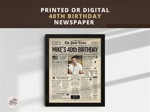 Personalized 40th Birthday Newspaper Poster | Printed or Digital | Framed or Canvas - Etsy