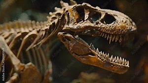 A closeup of a beautifully preserved dinosaur skeleton discovered by an amateur paleontologist and carefully reconstructed to bring the prehistoric creature back to life.