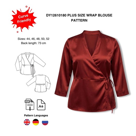 Plus Size Wrap Blouse Sewing Pattern PDF | Curvy Fit Top | Sizes 44–52 - Etsy