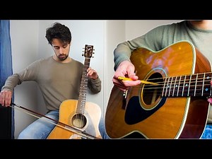 Violin, cello, viola imitations on guitar with pencil and bow