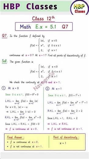 Class 12th Maths Chapter 5 EX 5.1 Q7 Full Solution 🚀 Piecewise Function Explained