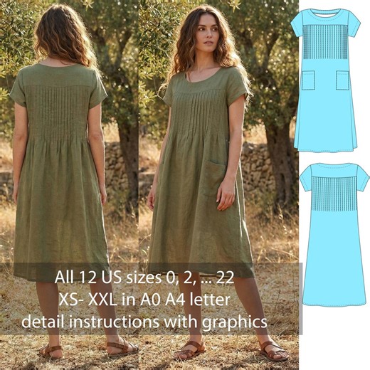Instant Download Linen Dress Sewing Pattern PDF | Raised Tucks A-line Midi Dress - Etsy