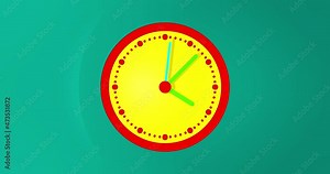 3D animated clock time lapse animation. Wall clock with red frame and yellow clock face. Green time pointer. Light reflections on the watch and shadows on the background. Camera move in free space.
