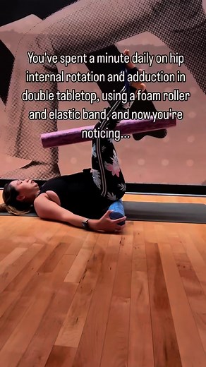 Lift your legs, bend your knees, and press something between your thighs. Then, spread your feet apart! 🦋 🥳 Woohoo! ✨ POV: You've been dedicating just a minute a day to hip internal rotation and adduction in double tabletop, using your trusty foam roller and elastic band. And guess what? You’re starting to notice some incredible changes! 🌟 As you strengthen your glutes, pelvic floor, and core, you might feel those muscles firing in ways you didn’t think possible. 💪 But if you’re still not se