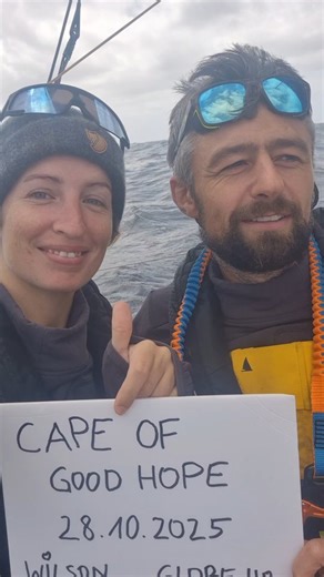 today at 0948 UTC we passed our first great cape, the cape of good hope! 🥳⛵️ we're so happy we made it this far and after 26 days of sailing it was time to celebrate this big step with a nice cold beer 🍻🤙 next up 🔜 indian ocean! 🌊 day 26 of leg 2 of the @globe40_ 💪 @dimensionpolyant @transoceanev @frisch.de #aut93 #austriagoesoffshore #wilsonaroundtheworld #racing #doublehanded #aroundtheworld #capeofgoodhope | Lisa Berger Sailing