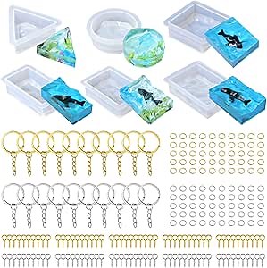 226Pcs Resin Keychain Molds Set - Triangle, Round, Square, Rectangle Ripple Pendant Molds with Keychain Accessories, Perfect Epoxy Resin Silicone Molds for DIY Jewelry Making
