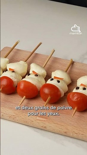 Christmas appetizer skewers shaped like snowmen