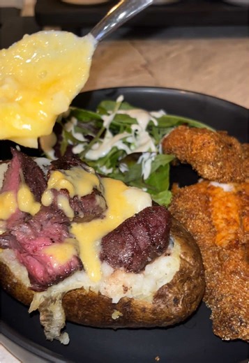 Crispy Fried Catfish and Loaded Steak Baked Potato