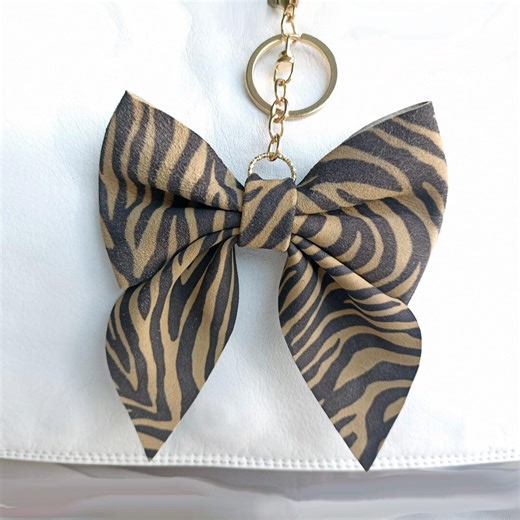 Zebra Print Leather Bow Bag Charm, Handmade Nubuck Leather Keychain, Italian Leather Purse Accessory, Animal Print Bow Keyring, Gift for Her