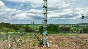 Monitoring technology station science meteorology tower atmospheric research drone aerial weather, measuring ozone O3, carbon methane CH4, carbon dioxide CO2, nitrogen oxygen, bark beetle Stock Video