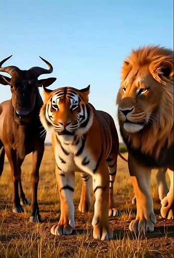 🐃¡Tigre, León y Ñu Posan Juntos! #wildlife #animals