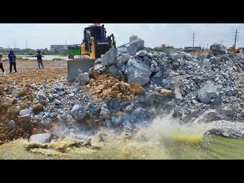 Wow Amazing!Bulldozer SHANTUI Push Stone Into Water+DumpTruck10 Wheel Unloading Stone Filling Lake