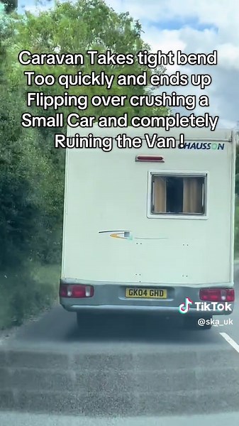 Caravan Flips on Tight Bend, Damaging Small Car