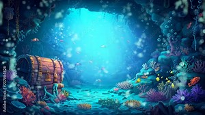 treasure chest with coral reef under the sea seamless loop 4k animation video