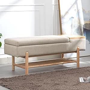 Linen Fabric Bench for Bedroom End of Bed Beige Upholstered Storage Ottoman Bench with Cushion Seating for Living Room Entryway, Wood Legs