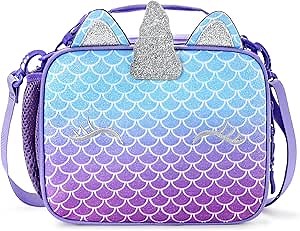 mibasies Kids Insulated Lunch Box for Girls Rainbow Unicorn Lunch Bag for School (Mermaid Purple)