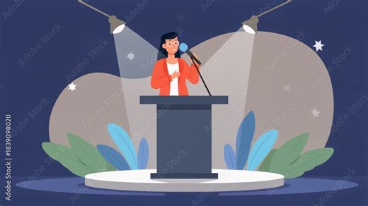 Dynamic animated presenter delivers a captivating speech from an illuminated stage podium,