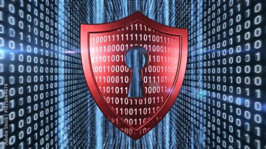 4K Video of a Red Shield with a Keyhole Against a Binary Code Background, Representing Cybersecurity and Data Protection